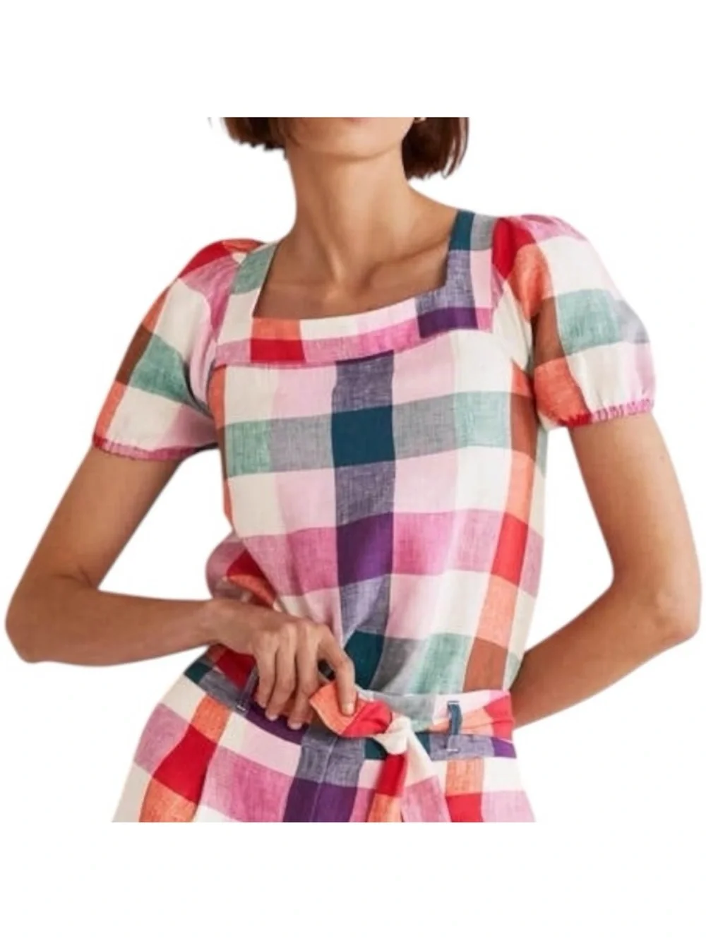 Boden Multicolor Gingham Square-Neck Puff Sleeve Top